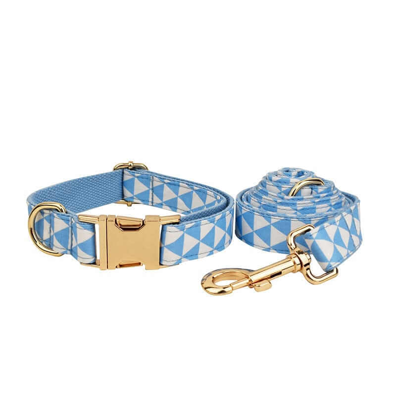 ElegancePaw 4-in-1 Dog Accessory Set harness and leash in blue geometric pattern with gold accents for dogs