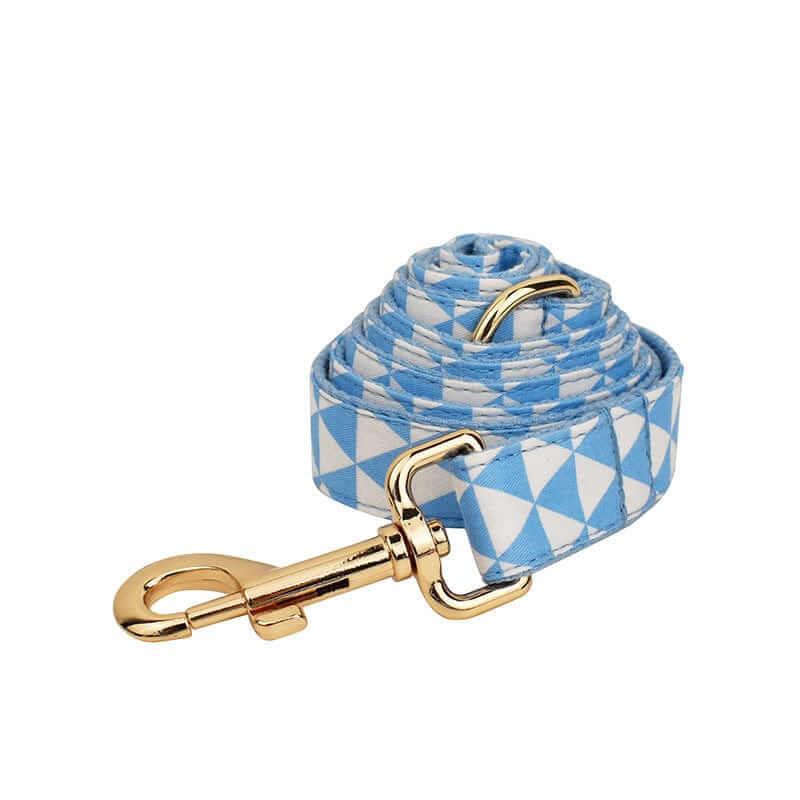 ElegancePaw 4-in-1 Dog Accessory Set featuring a stylish blue patterned leash with gold hardware for dogs.
