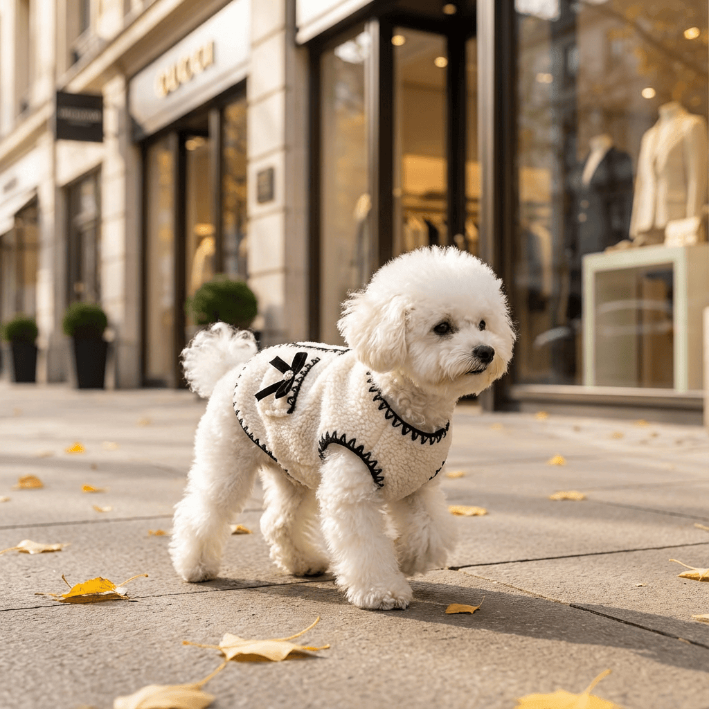 Elegant Fleece Dog Vest on a small dog walking outdoors, showcasing luxury warmth and style from Dogs & Cats.
