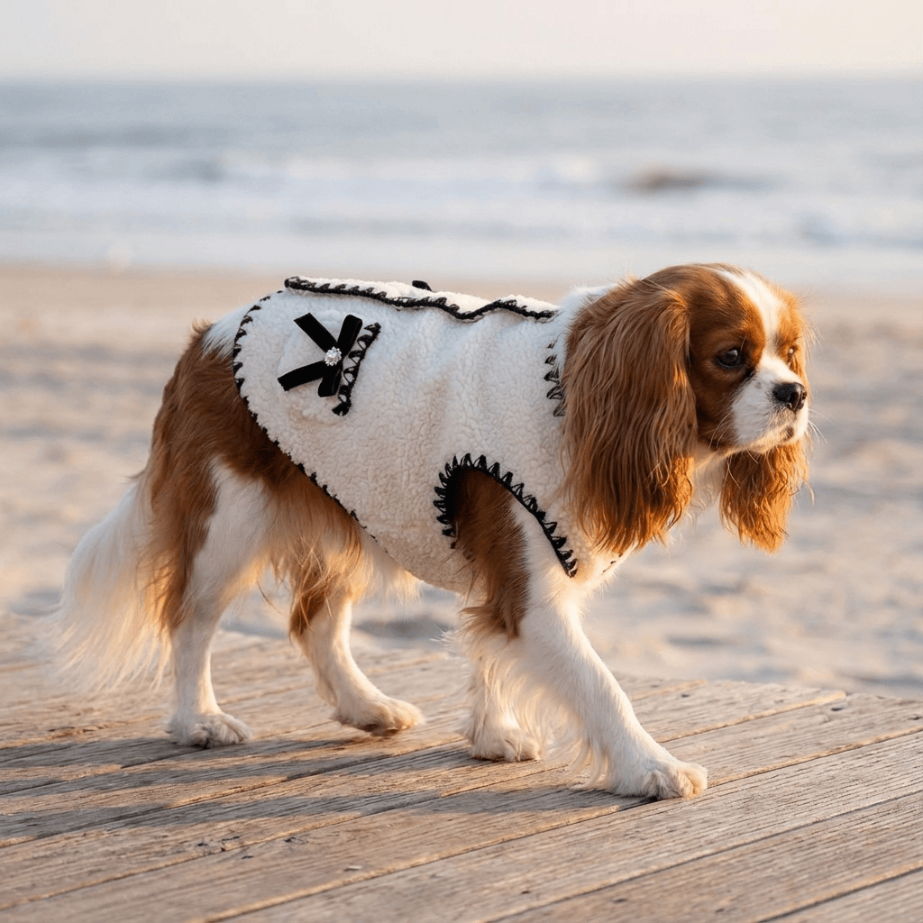 Elegant Fleece Dog Vest on a Cavalier King Charles Spaniel dog, featuring soft fleece and chic ribbon bow design.