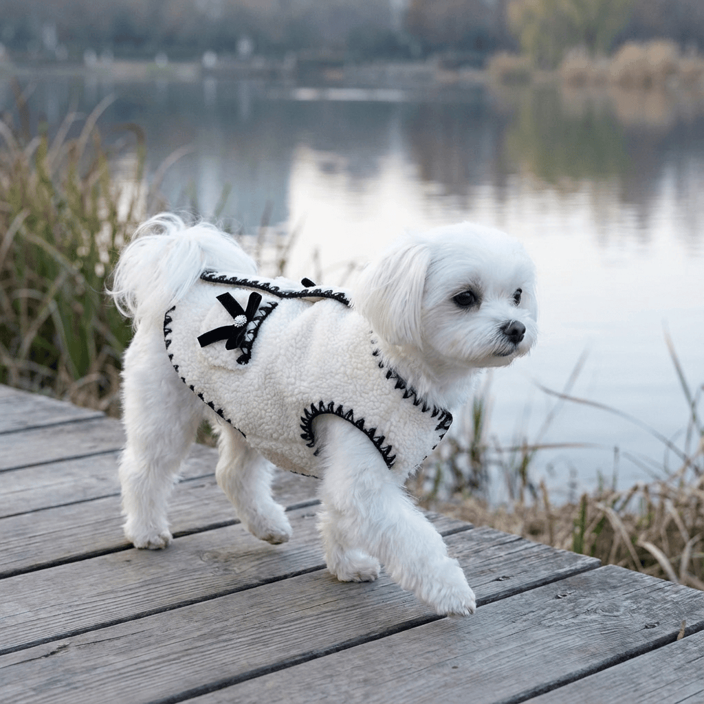 Elegant Fleece Dog Vest for small dogs, featuring luxury fleece and silk ribbon bow. Perfect for warmth and style.