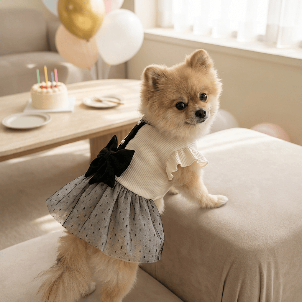 Elegant Pet Bow Dress for small dogs, featuring stylish bow and breathable fabric for special occasions.