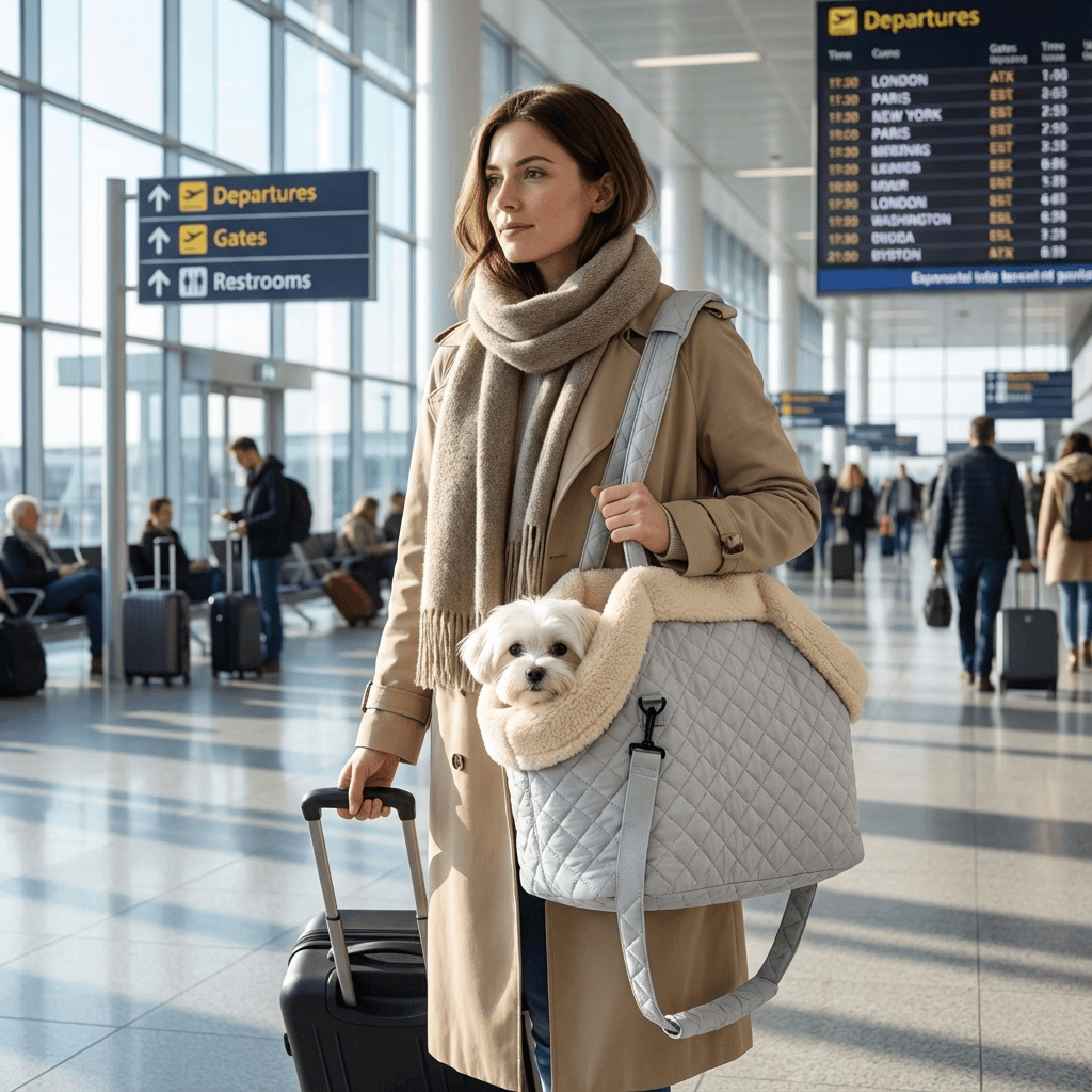 Elegant Quilted Pet Carrier styled for travel, featuring a small dog, chic quilted design, perfect for dogs & cats.