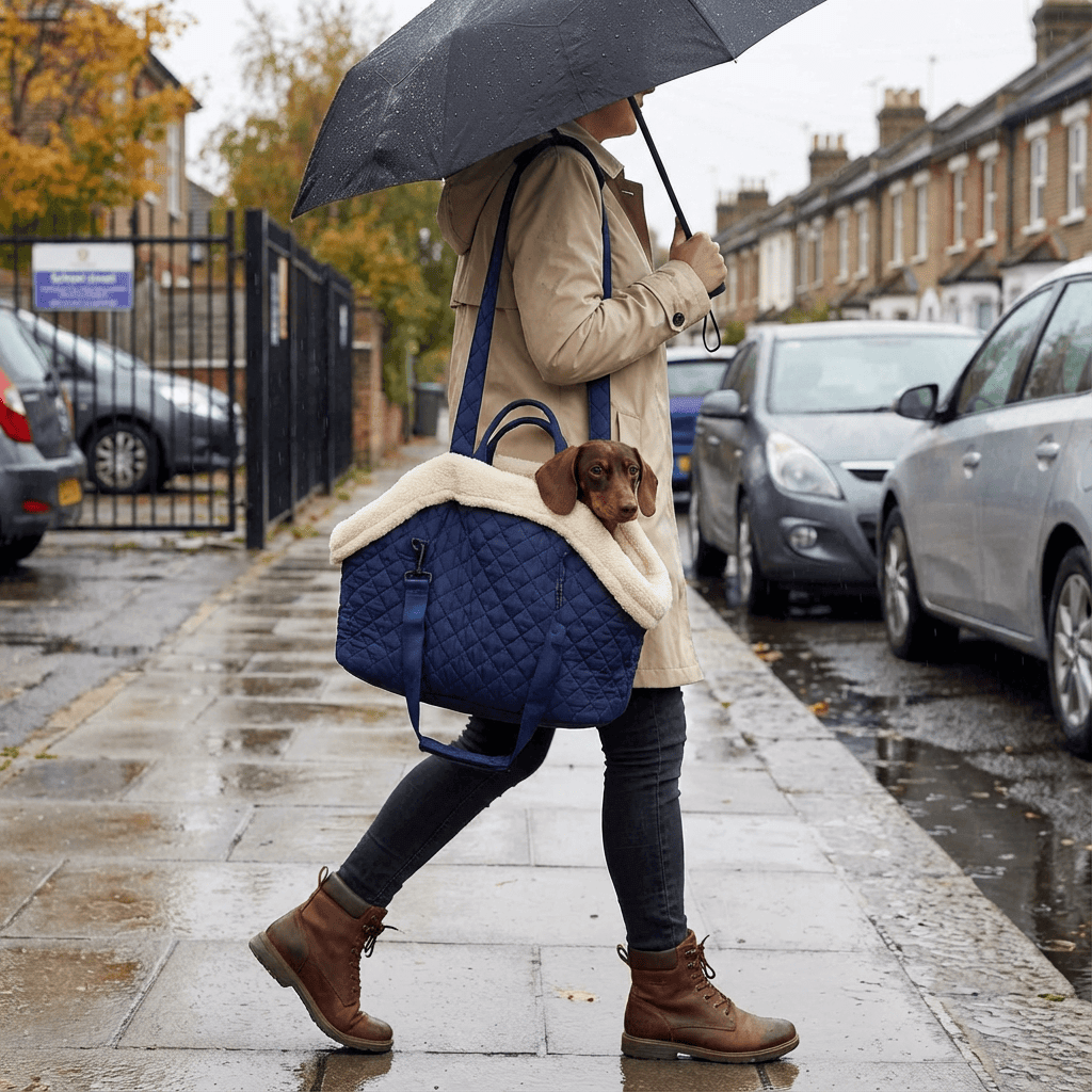 Elegant Quilted Pet Carrier being used by a woman on a rainy day, featuring a stylish quilted design and a small dog.