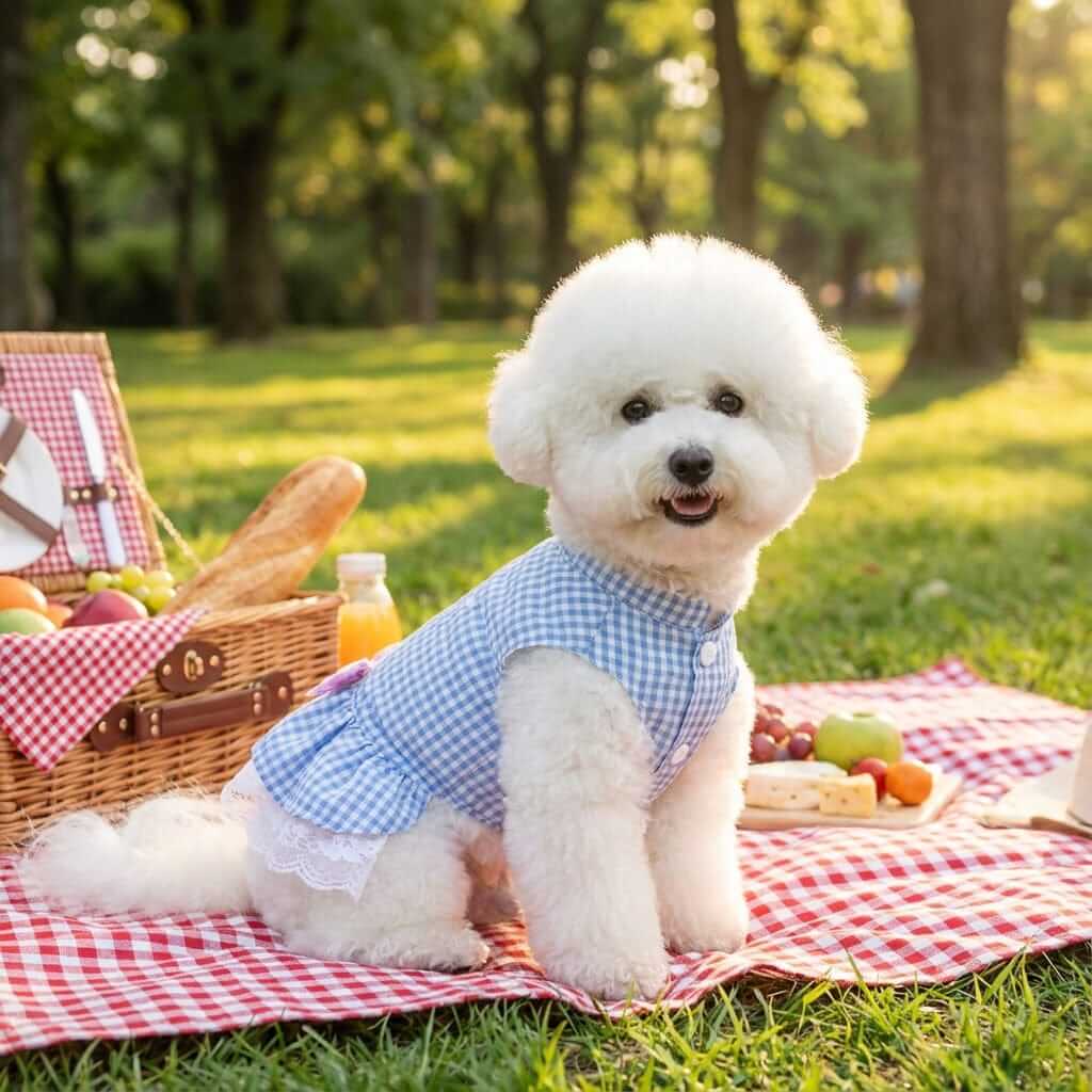 Elegant Summer Pet Dress on a fluffy dog at a picnic, showcasing its charming design for dogs and cats.