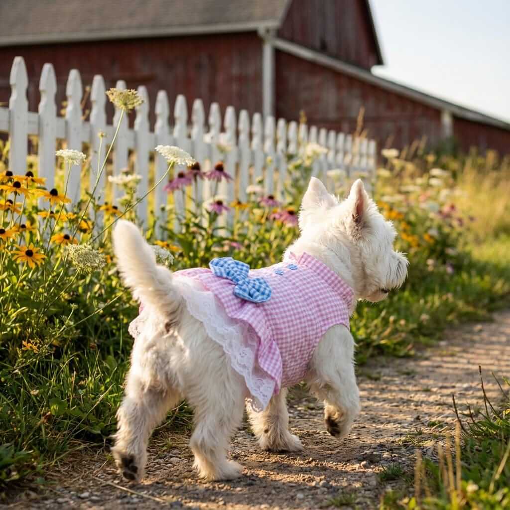 Elegant Summer Pet Dress on a small dog walking through flowers in a sunny field, showcasing its charming design and comfort.