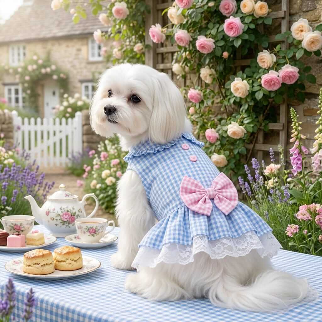 Elegant Summer Pet Dress on a small dog, charming design with pink bow, suitable for special occasions.