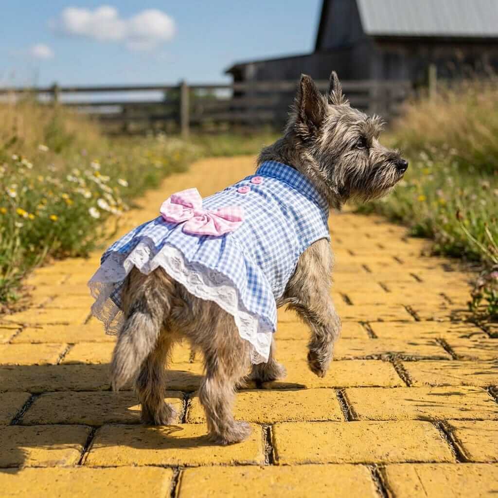 Elegant Summer Pet Dress on a small dog, cute design with bow, perfect for special occasions, featuring breathable fabric.
