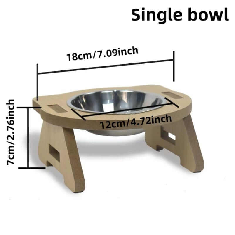 Elevated Cat Bowls, single bowl with wooden stand and stainless steel insert, designed for cats and small dogs.