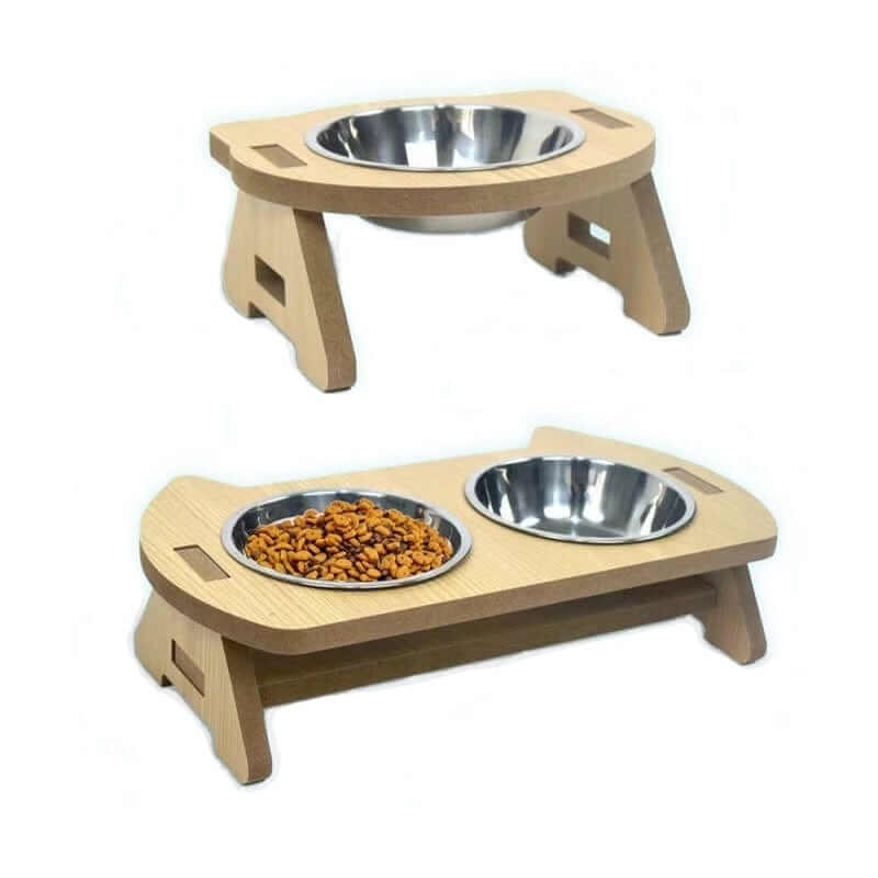 Elevated Cat Bowls with wooden stand, stylish design for comfortable feeding for dogs and cats.