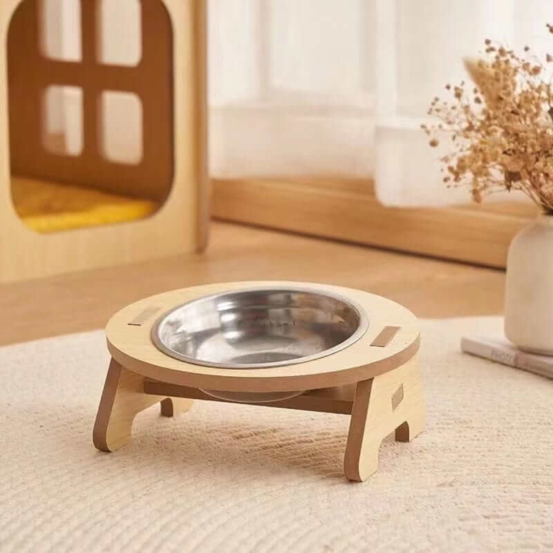 Elevated Cat Bowls with stylish wooden stand, designed for comfortable feeding for dogs and cats.