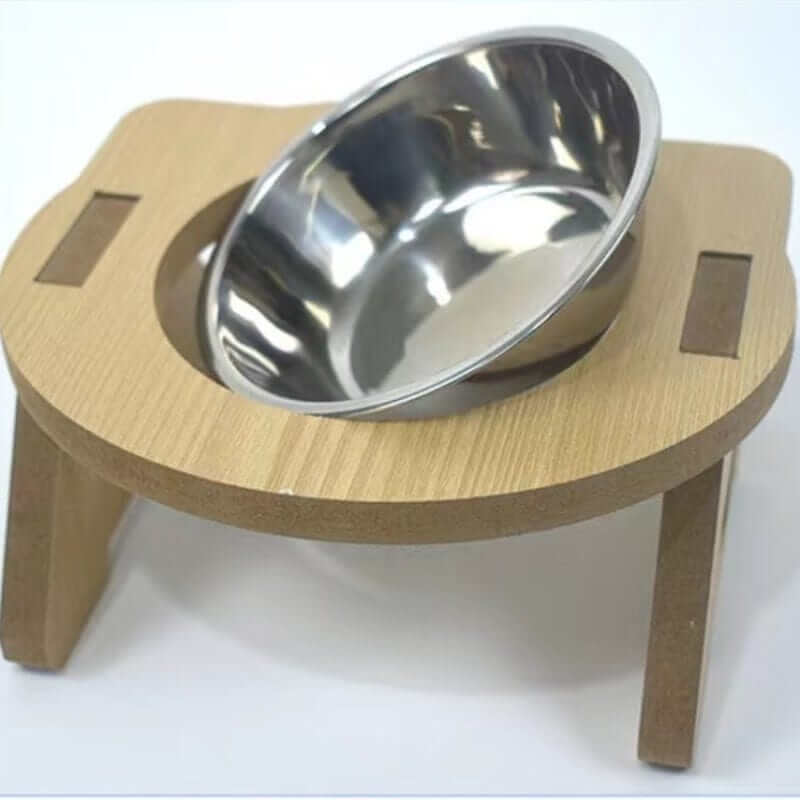 Elevated Cat Bowls with wooden stand and stainless steel bowl for comfortable feeding of dogs and cats.