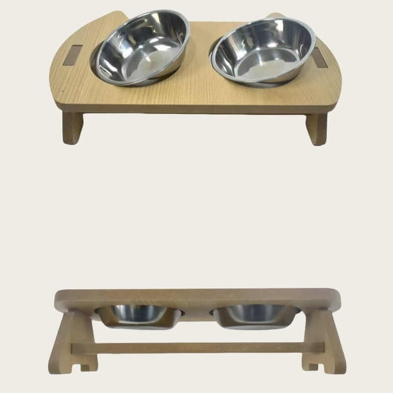 Elevated Cat Bowls with stylish wooden stand and stainless steel bowls for pets' comfortable feeding.