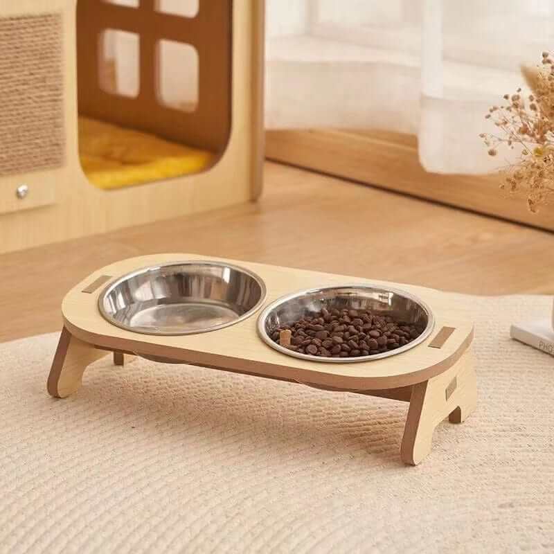 Elevated Cat Bowls with stylish wooden stand for comfortable feeding, suitable for dogs and cats, reducing strain and improving digestion.