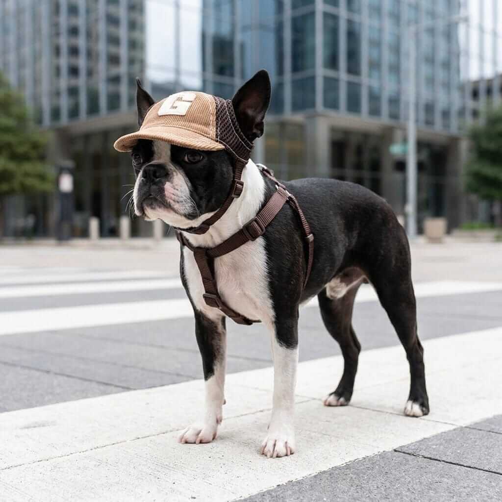 Embroidered G-shaped Dog Hat on a stylish dog outdoors, showcasing comfort and adjustable fit by Dogs & Cats.