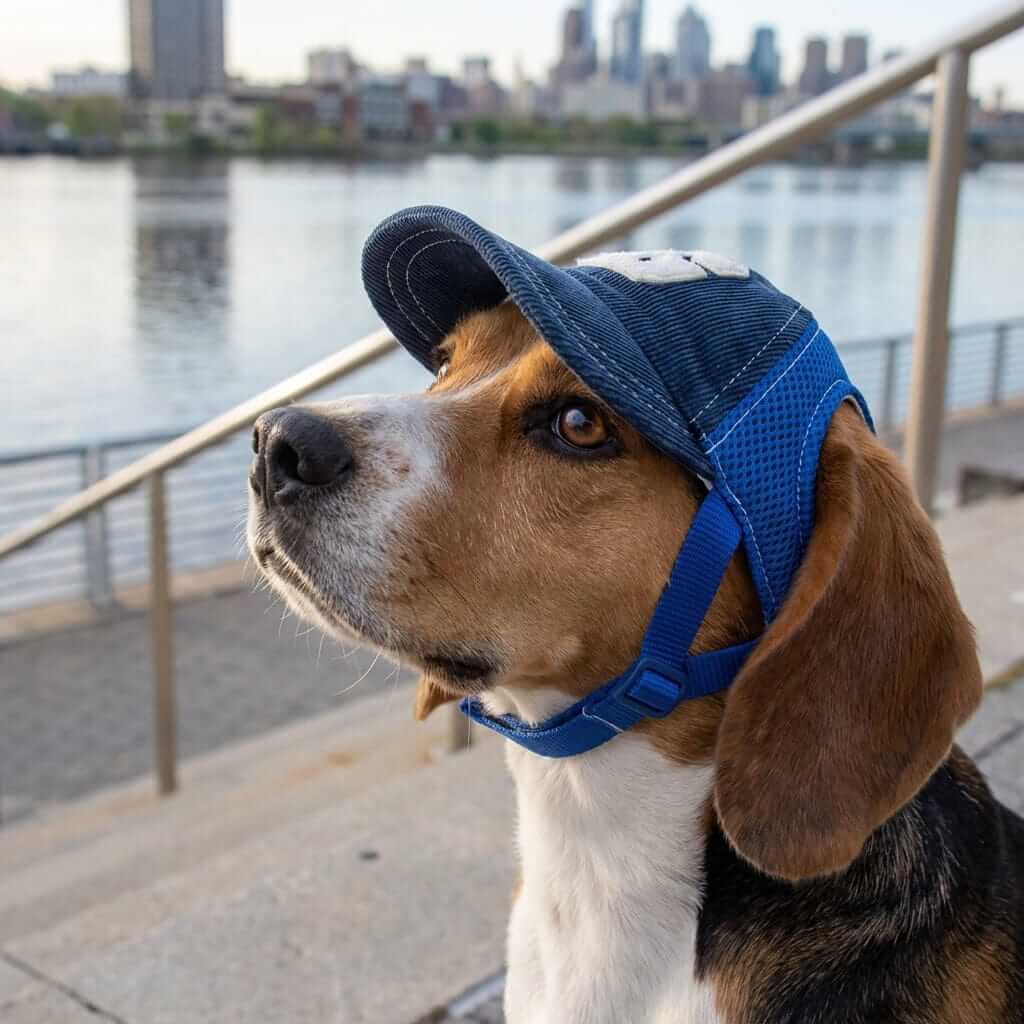 Embroidered G-shaped Dog Hat worn by a beagle by the river, showing comfort and style outdoors.