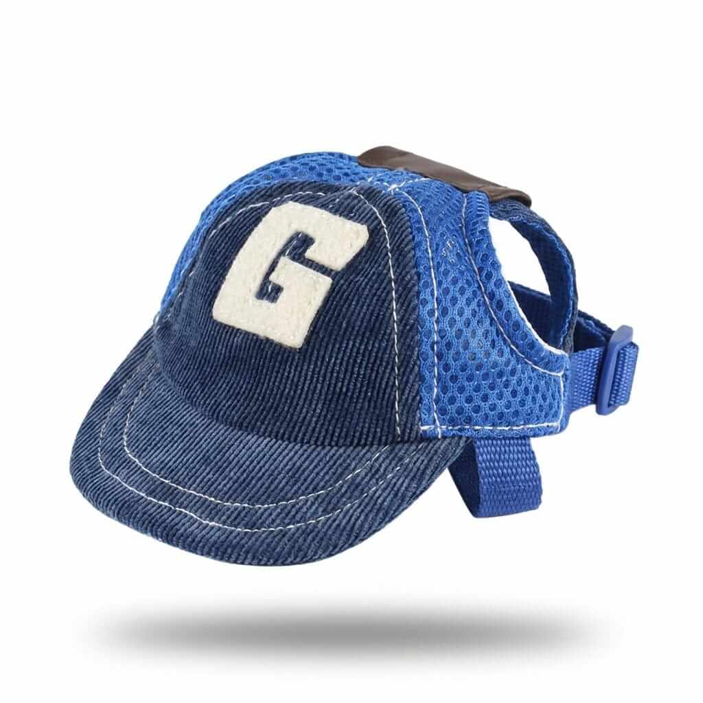Embroidered G-shaped Dog Hat showing blue cap with G logo, adjustable strap, perfect for stylish dogs & cats by Dogs & Cats.