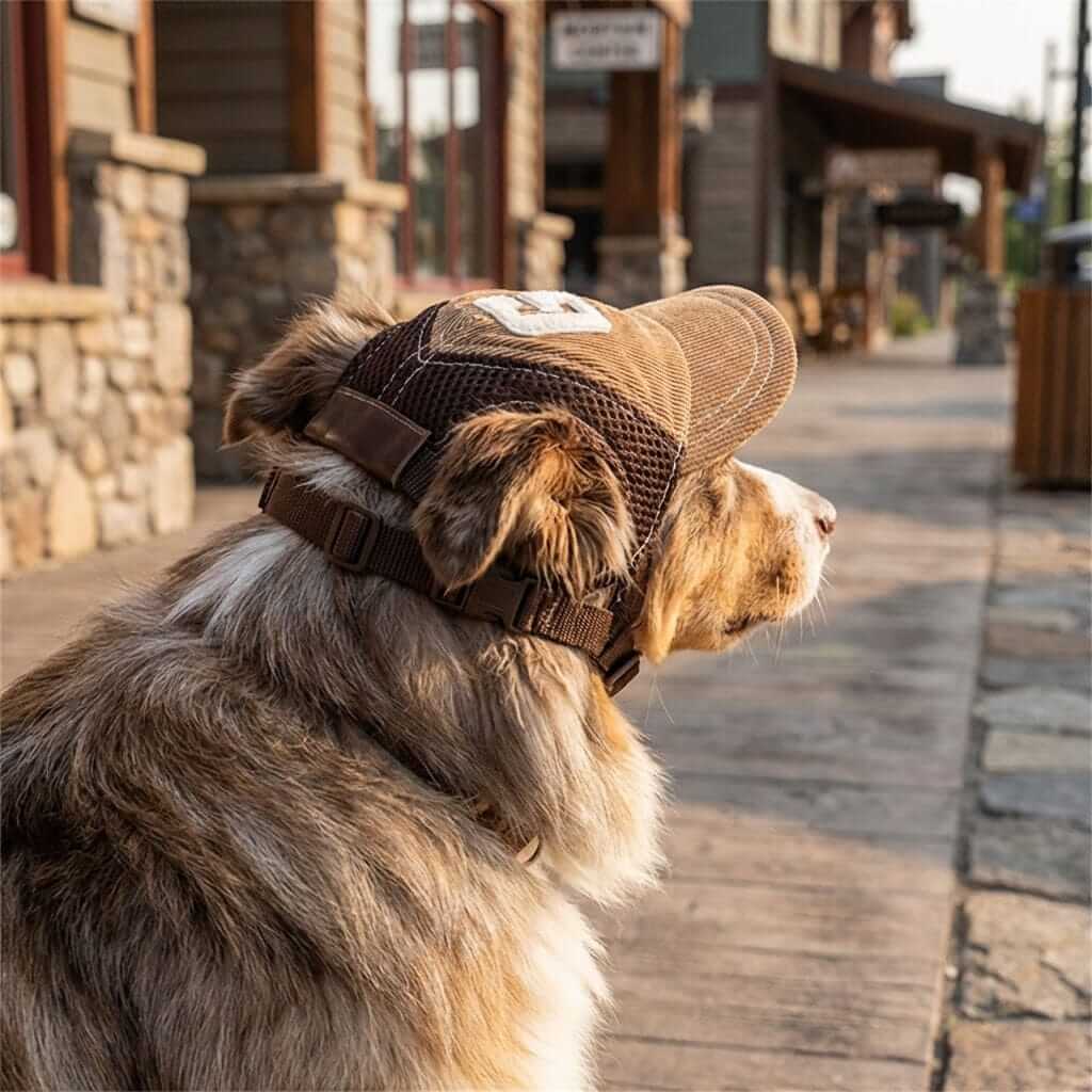 Embroidered G-shaped Dog Hat worn by a dog outdoors, showcasing its stylish design, adjustable strap, and comfort for pets.