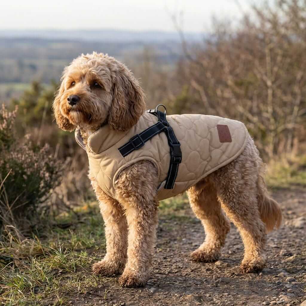 Endless Pawsabilities Winter Dog Coat on a dog outdoors, featuring windproof fabric and comfortable fit for dogs.