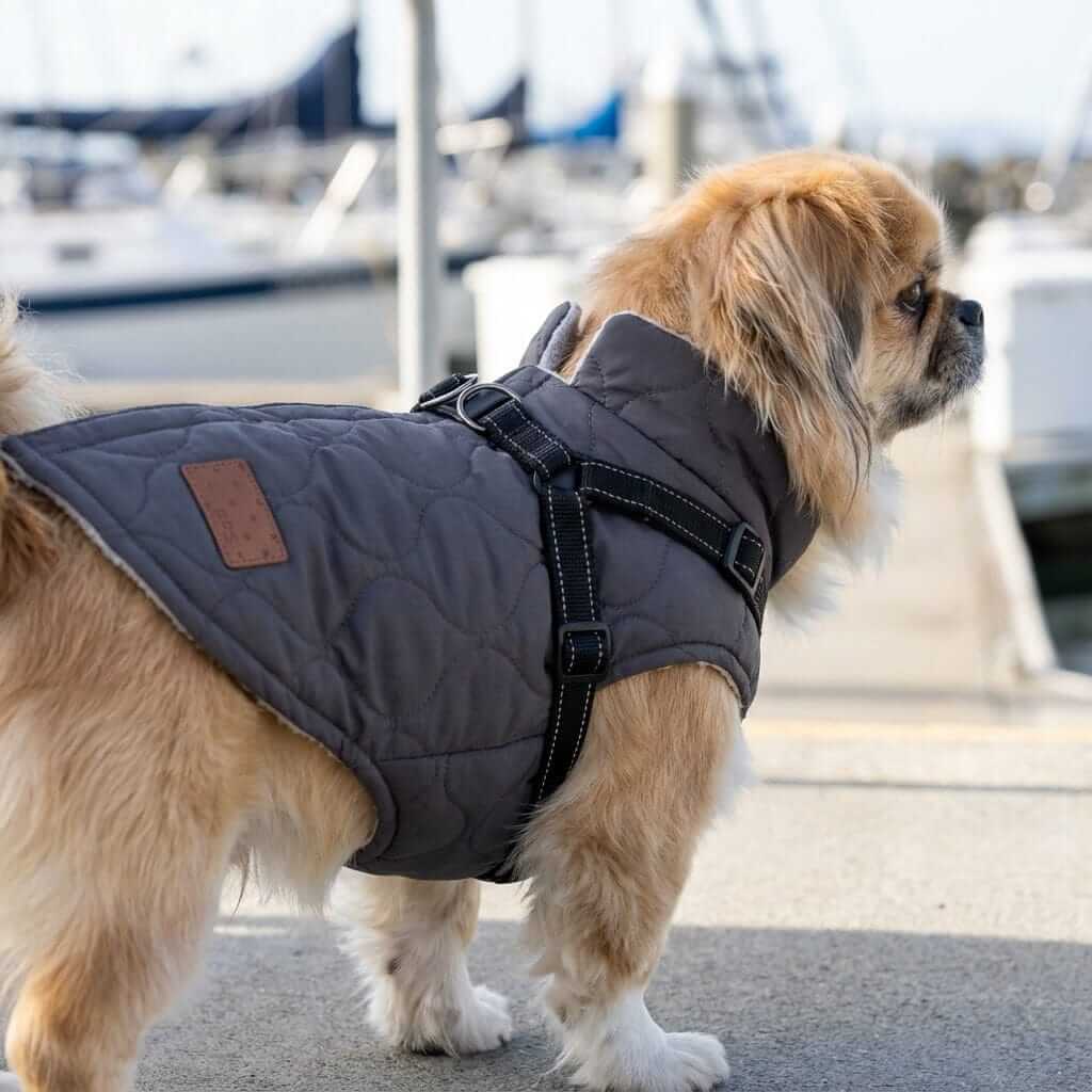 Endless Pawsabilities Winter Dog Coat on a small dog, windproof, padded, lightweight, comfortable for dogs & cats.