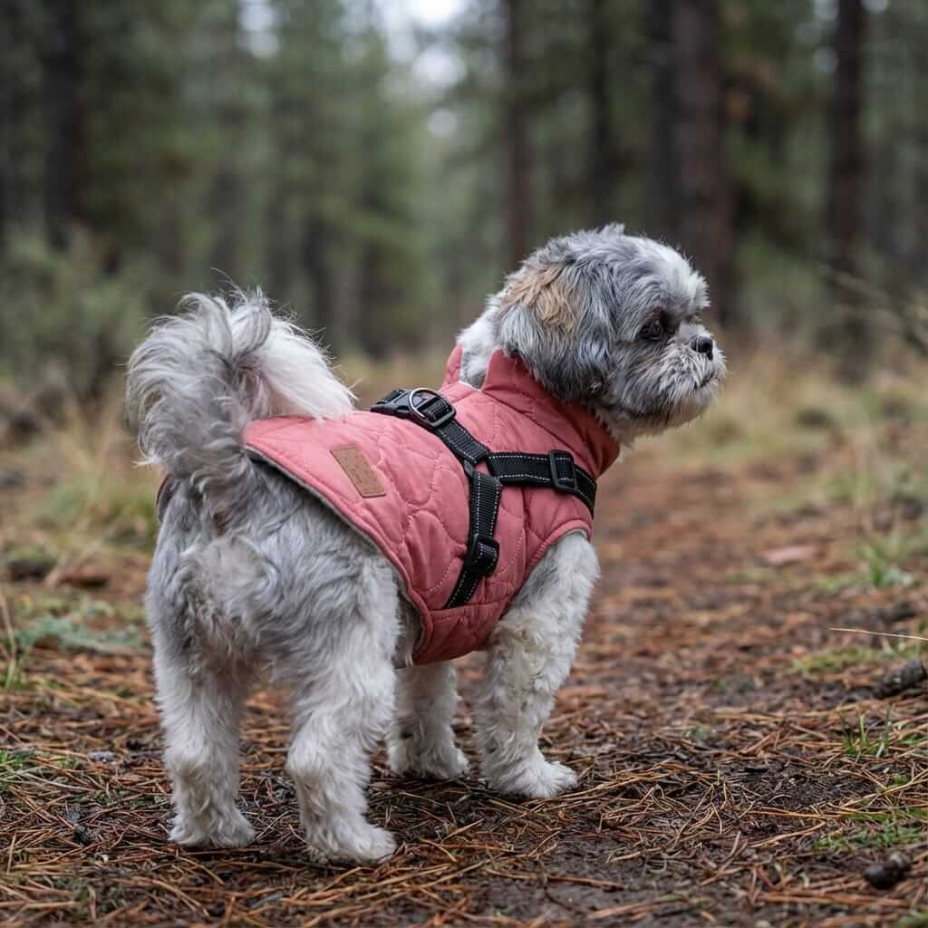 Endless Pawsabilities Winter Dog Coat on a dog in the forest, featuring breathable fabric and lightweight design.