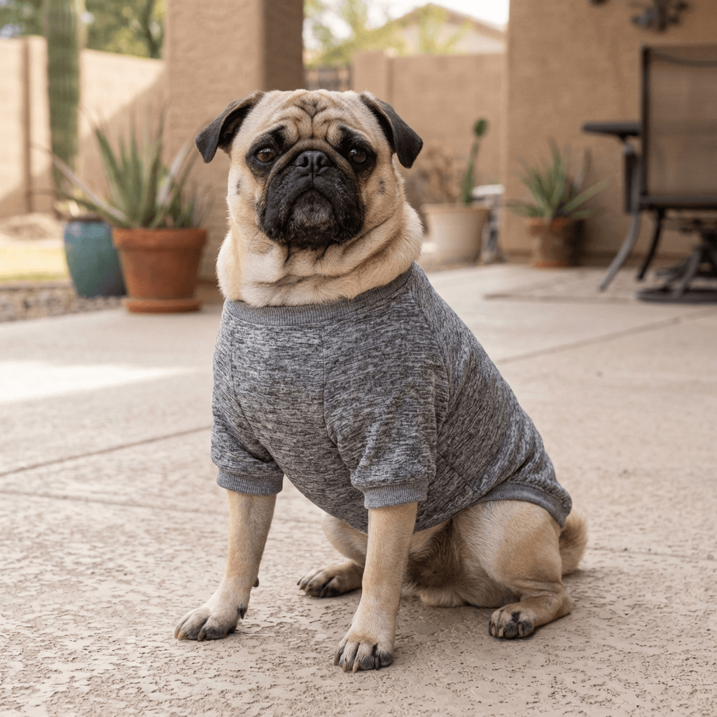 EverWarm Knit Dog Sweater on a pug, comfortable and stylish for larger dogs in fall and winter.