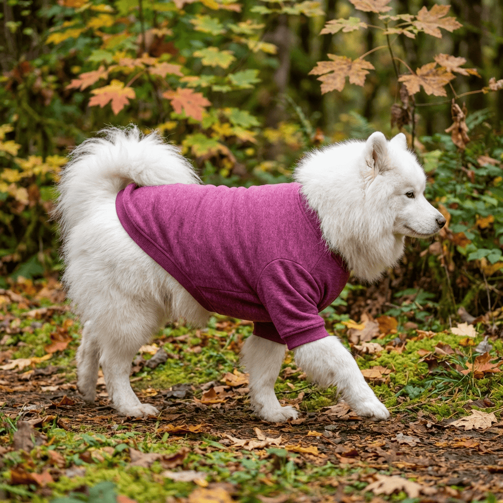 EverWarm Knit Dog Sweater on a Samoyed walking in the woods, showcasing comfort and style for larger dogs in fall.