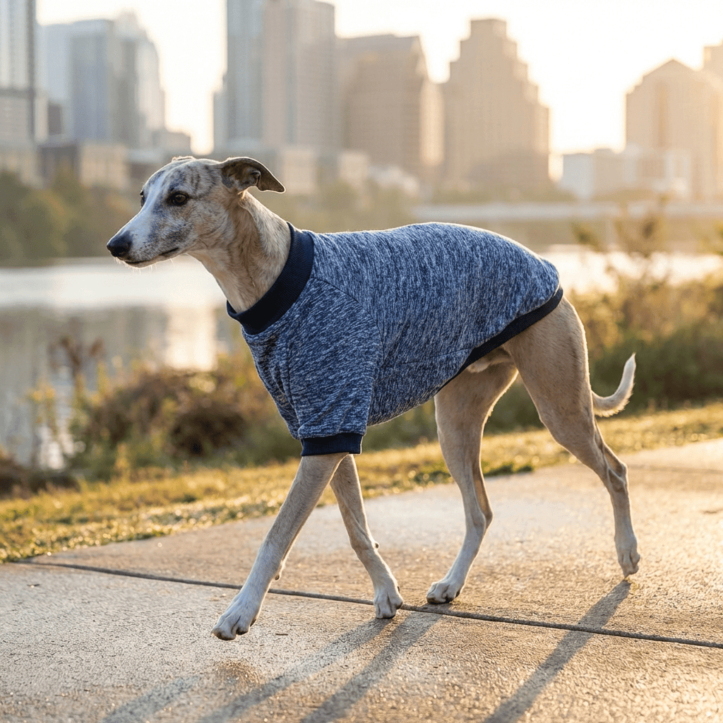 EverWarm Knit Dog Sweater on a stylish dog walking in the park, perfect for larger breeds by Dogs & Cats.