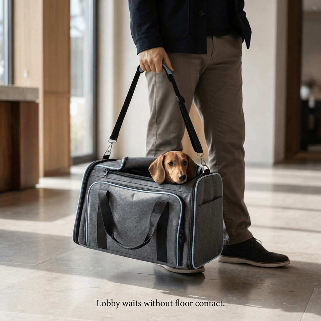 A person carrying the Expandable Large-Capacity Pet Travel Bag with a dog inside, showcasing its spacious design and comfort.