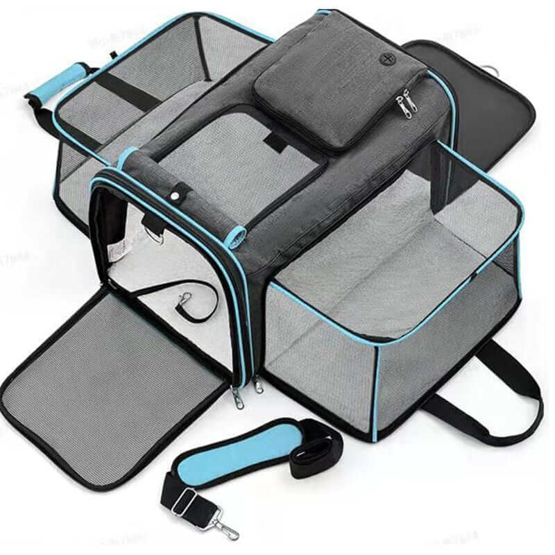Expandable Large-Capacity Pet Travel Bag showing spacious design with mesh panels for dogs and cats comfort.