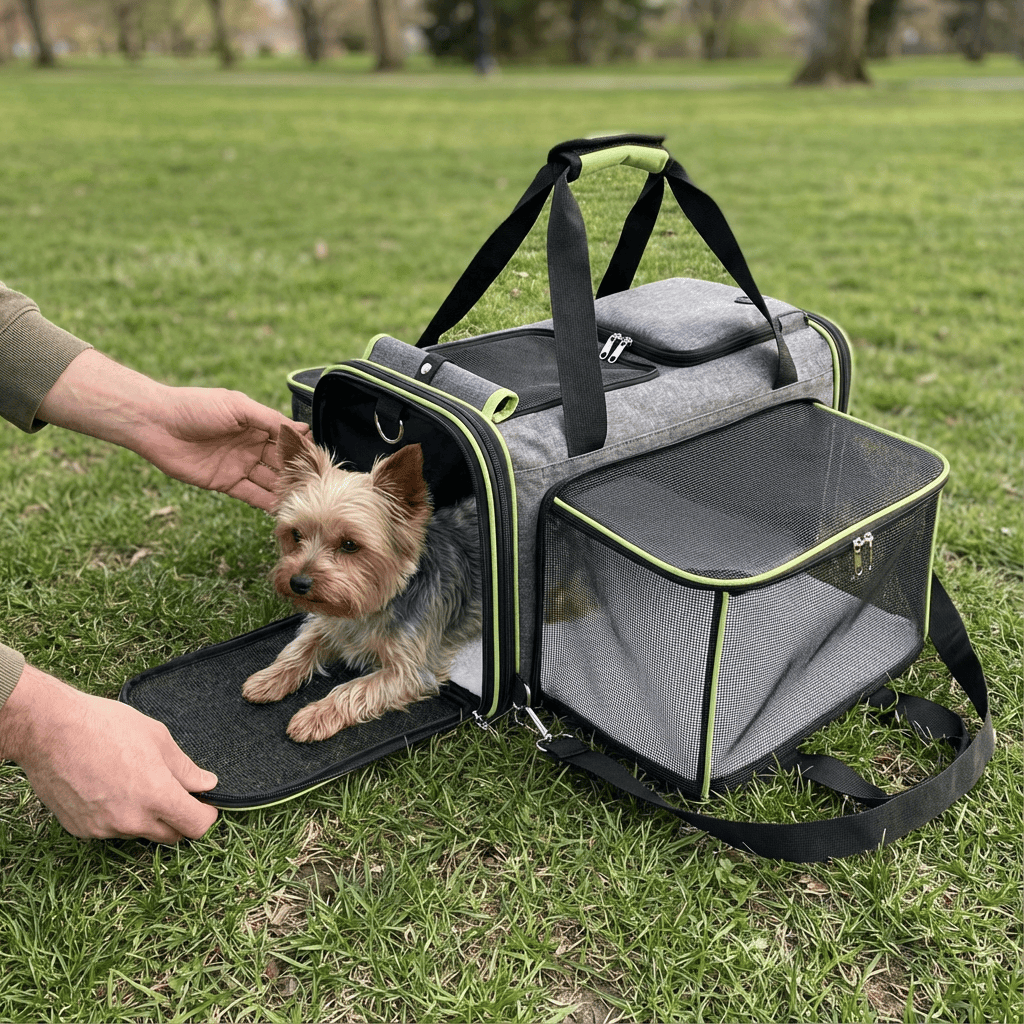 Expandable Large-Capacity Pet Travel Bag with a dog inside on grass, featuring breathable mesh panels and spacious design.