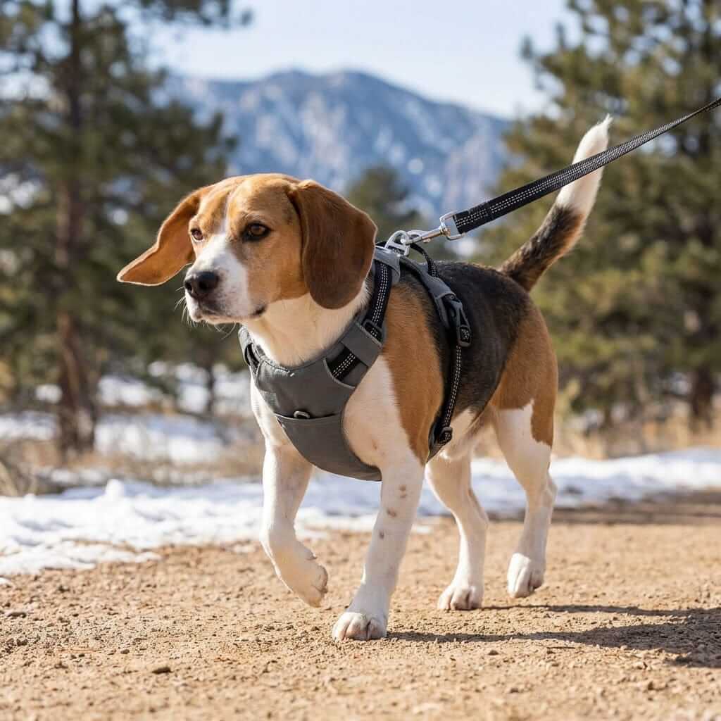 Beagle wearing an Explosion-proof Dog Walking Harness while walking on a trail with adjustable straps.