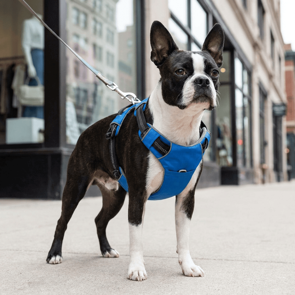 Boston Terrier wearing Explosion-proof Dog Walking Harness in blue, showcasing adjustable straps and rhinestone studs.