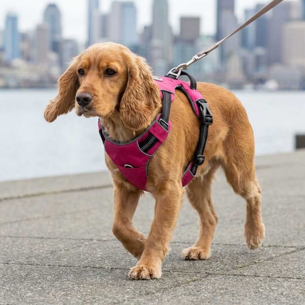 Explosion-proof Dog Walking Harness on a golden dog walking in the city, featuring adjustable straps and rhinestone studs.