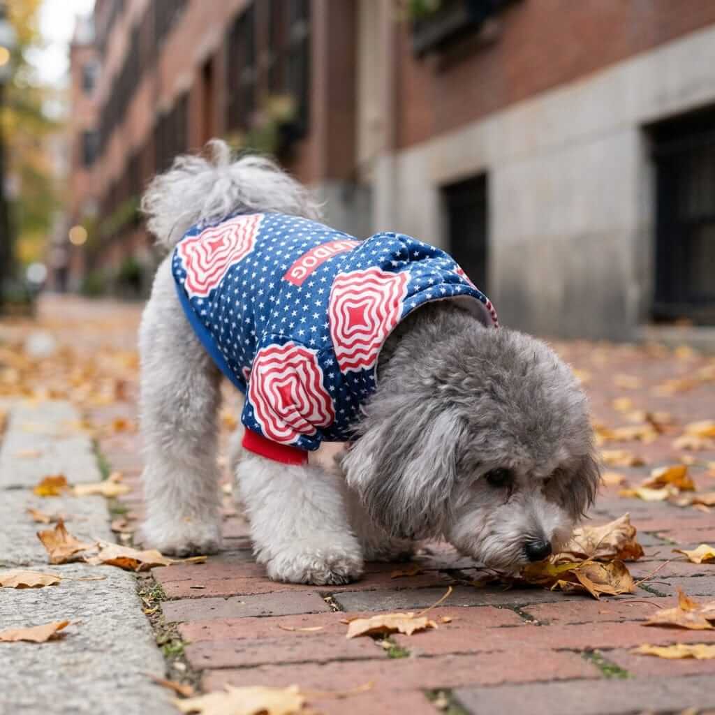 Falling Stars Warm Dog Hooded Coat on a dog outdoors, featuring a fixed hood, fleece lining, and vibrant design, by Dogs & Cats.