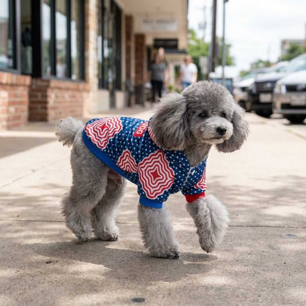 Falling Stars Warm Dog Hooded Coat for dogs by Dogs & Cats, featuring a fixed hood, ribbed trims, and fleece lining for warmth.