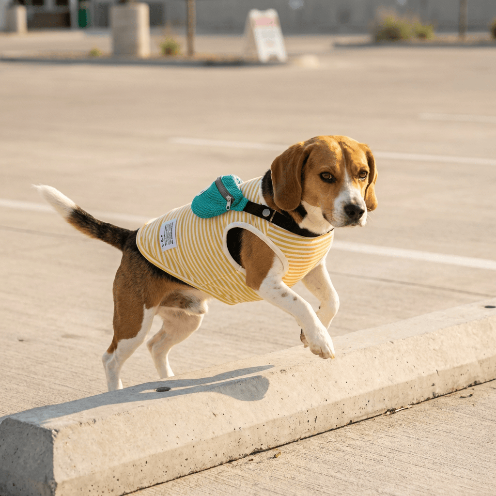 Fanny Pack Dog Vest on a stylish beagle dog, showcasing breathable comfort and trendy design, perfect for warm-weather adventures.