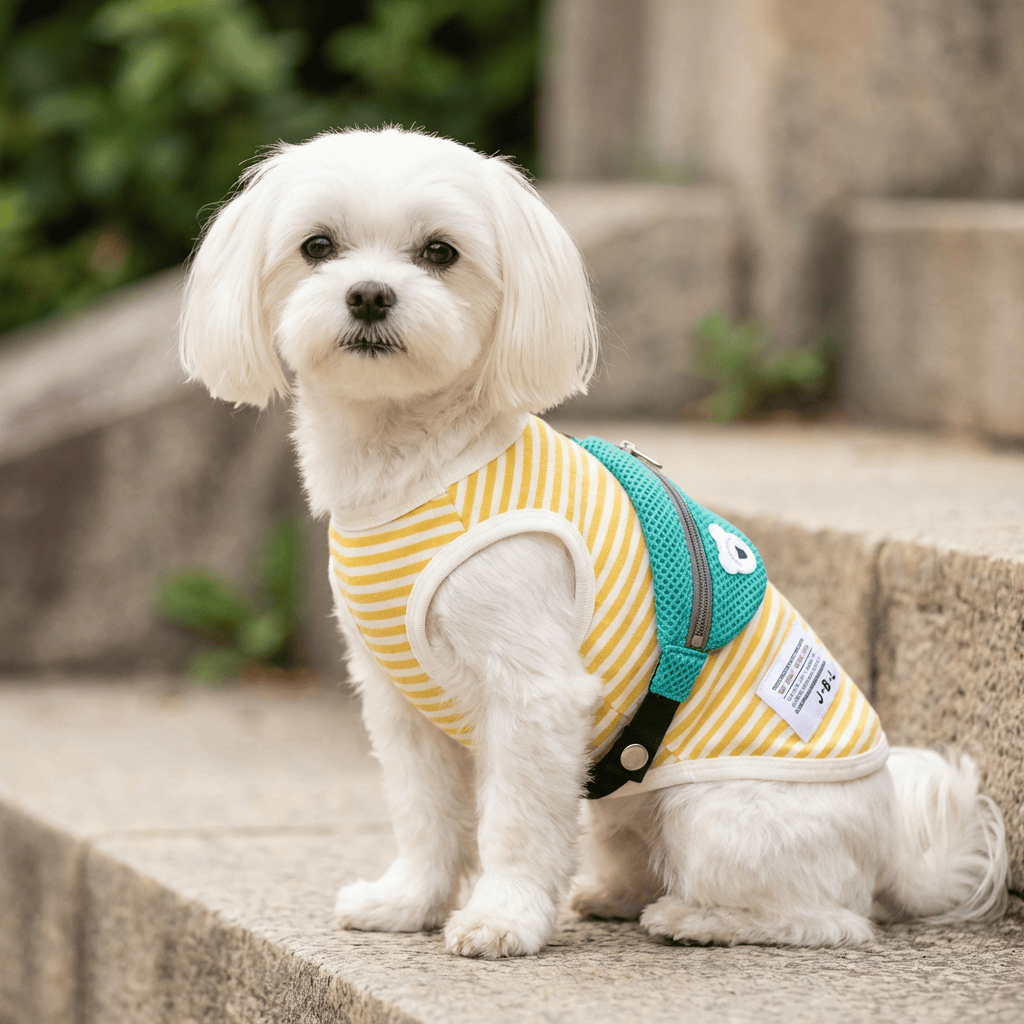 Fanny Pack Dog Vest on a Maltese, featuring breathable fabric and stylish design for warm-weather comfort.