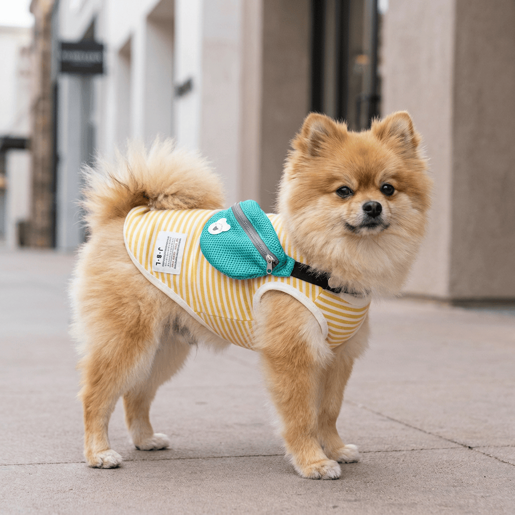 Fanny Pack Dog Vest on a stylish Pomeranian, featuring breathable comfort and fashionable design for summer fun.