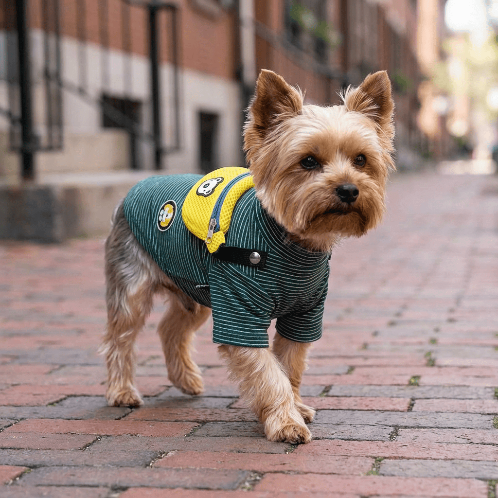 Fanny Pack Striped Dog T-Shirt on a stylish dog walking in a city with classic stripes and unique fastening.