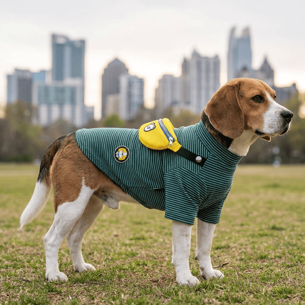 Fanny Pack Striped Dog T-Shirt on a Beagle in a park, featuring a stylish striped design and a yellow fanny pack.