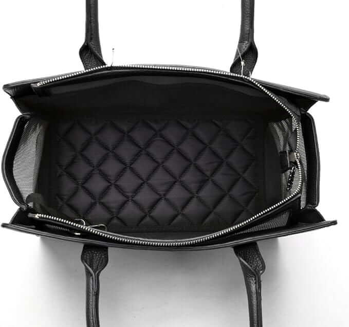 Interior view of Fashion Forward Pet Carrier showing quilted lining and zipper design, ideal for dogs and cats.