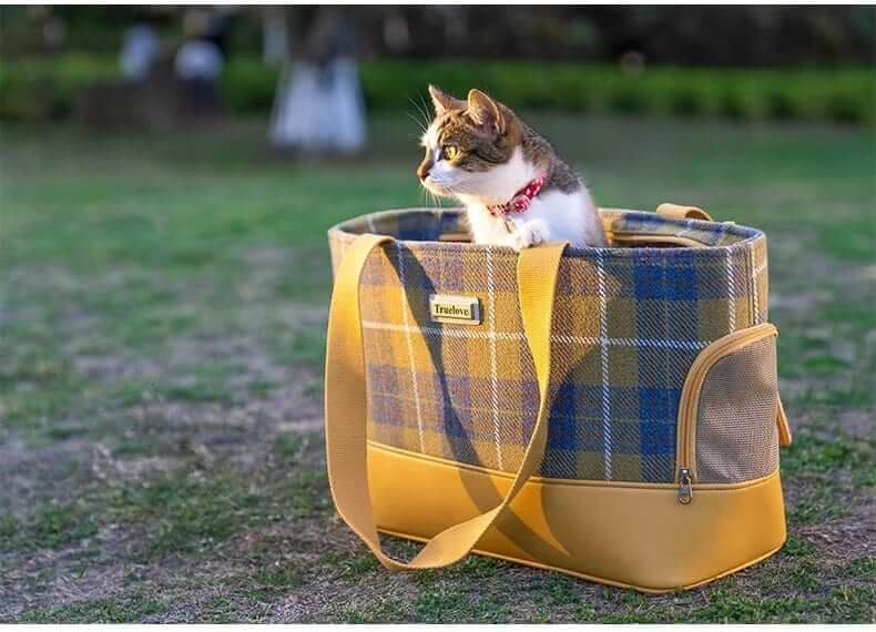 Fashionable Wool Pet Travel Carrier Bag with a cat inside, featuring durable wool fabric and sturdy design for travel.