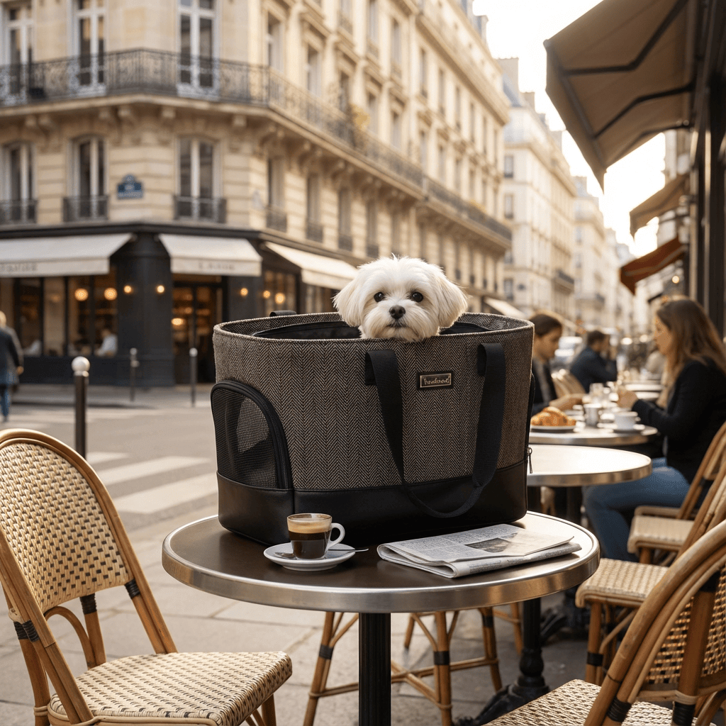 Fashionable Wool Pet Travel Carrier Bag with dog at cafe, lightweight, stylish, ideal for pets, comfortable for travel.