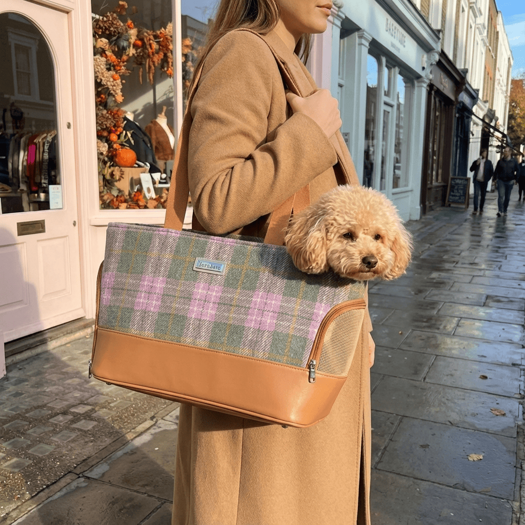 Fashionable Wool Pet Travel Carrier Bag being used by a woman with a poodle dog in a stylish outdoor setting.