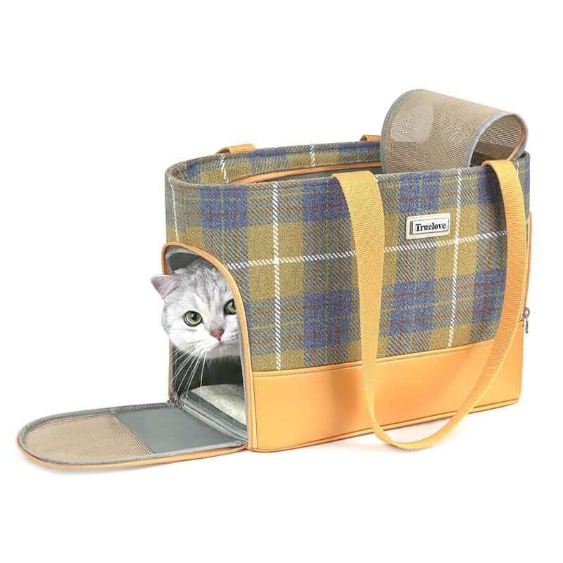 Fashionable Wool Pet Travel Carrier Bag with cozy plaid design, perfect for traveling with cats and dogs.
