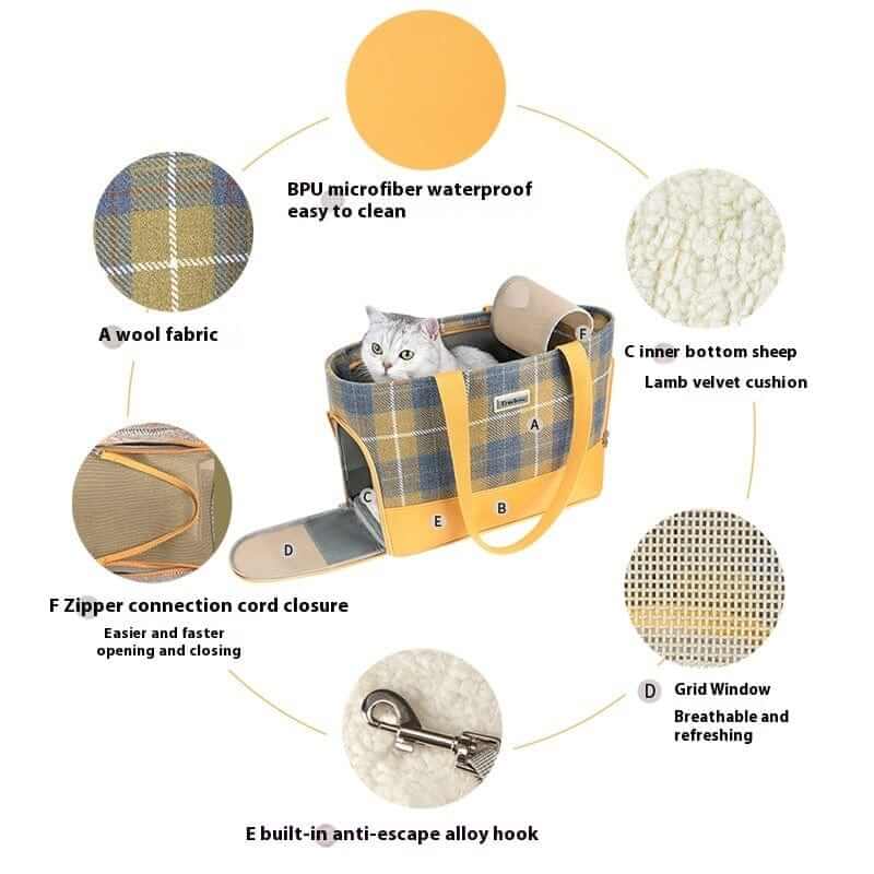 Fashionable Wool Pet Travel Carrier Bag features durable wool fabric, breathable grid window, and easy-to-clean materials.