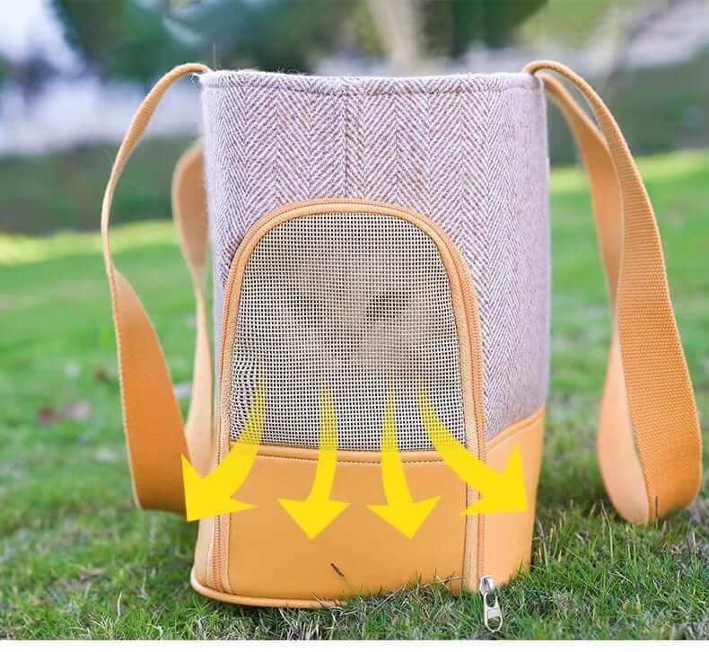Fashionable Wool Pet Travel Carrier Bag featuring durable wool fabric, mesh window, and sturdy zipper for pet comfort.
