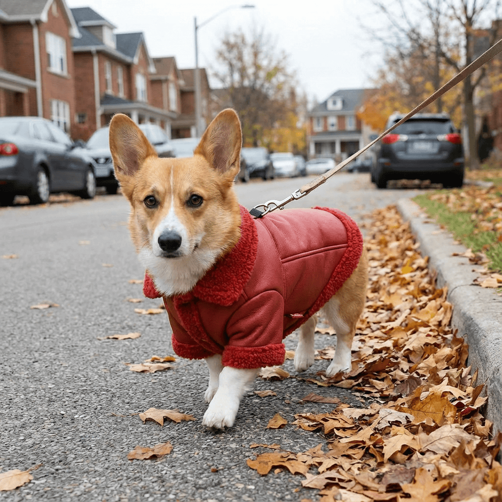 Faux Leather Dog Jacket on a Corgi walking on a street with leaves, combining style and warmth for pet comfort.