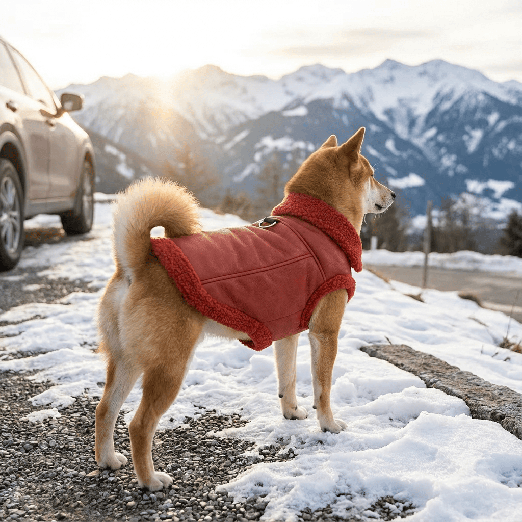 Faux Leather Dog Jacket on a dog in snow, fashionable, warm fleece lining for dogs by Dogs & Cats.